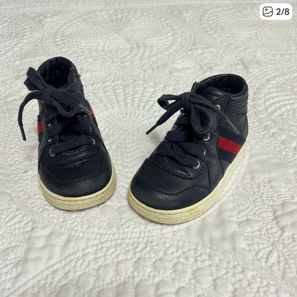 GUCCI Toddler High Top Sneakers Ace Web Navy Blue Leather Kid Size 21 - Picture 4 of 8